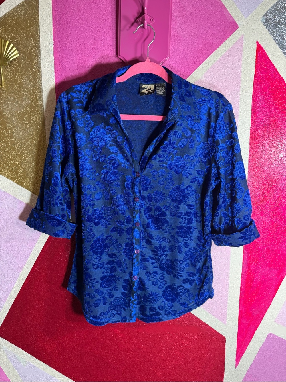 Rue 21 Blue Floral Velvet Burnout Button-Up Top Size L